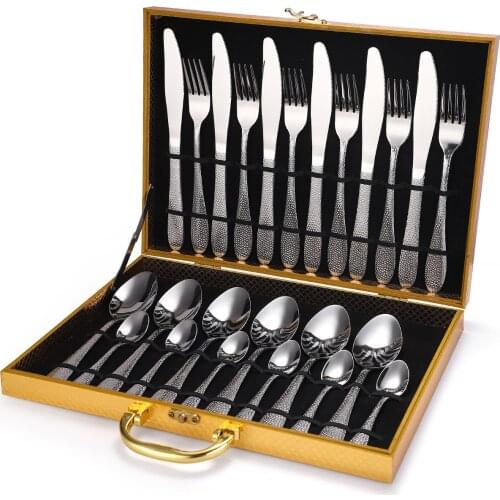 HEYI Stainless Steel Tableware 24 Piece Set Water Cube Knife Fork Spoon Wooden Box Gift Box Spoon and Fork Set YSH