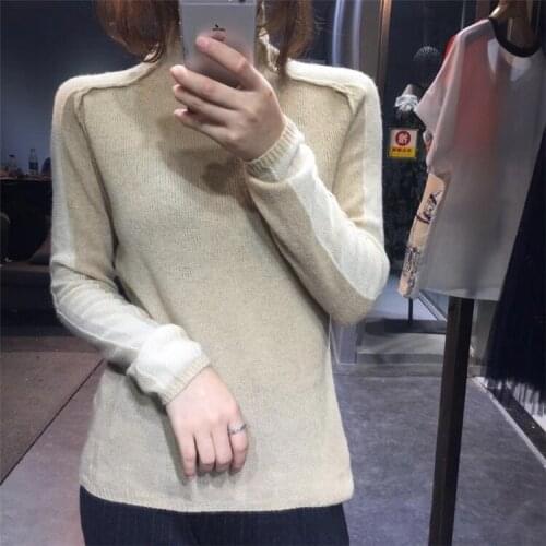 New fashion pure goat cashmere knit women turtleneck slim thick patchwork color sleeve pullover sweater S-XL