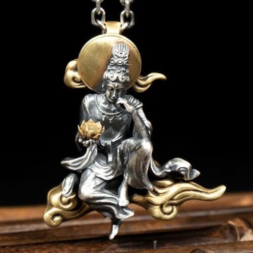 New Retro Handmade Patron Saint Natal Zodiac Silver Men Necklaces Guanyin Pendant Female Jewelry Accessories