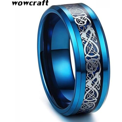 8mm Blue dragon Tungsten Caribde Rings Wedding Band for Men Women Jewelry Engagement Ring Comfort Fit Belved Edges