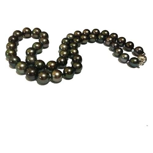18" inches 8.5-10mm Peacock Tahitian Pearl Necklace with Gold Corrugated Ball Clasp