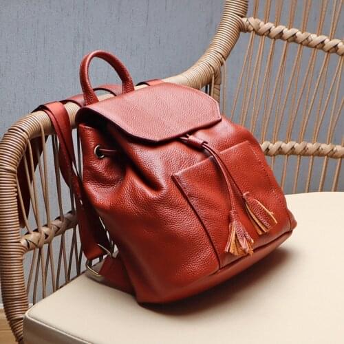 Handmade first layer cowhide leather Women backpack soft leather retro tassel drawstring buckle small backpacks new female bag