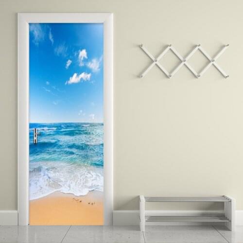 Modern Blue Seaside Landscape Door Sticker 3D Wall Murals Living Room Bedroom PVC Self-Adhesive Waterproof Home Decor Wall Paper