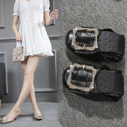 Womens shoes soft soled folding ballet shoes crystal metal buckle square toe loafers anti-skid casual moccasins female comfort
