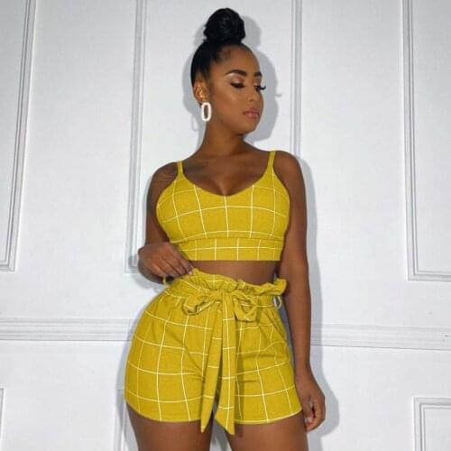 Two Pieces Women Sets 2020 Lattice Print Sexy Crop Top Biker Shorts 2 Pieces Set Summer Fashion Streetwear Outfits Tracksuit