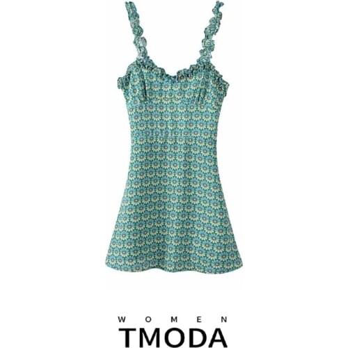 TMODA1286 Women 2021 Chic Fashion Floral Print Ruffled Mini Dress Vintage Black Elastic With Lining Straps Female Dresses Mujer