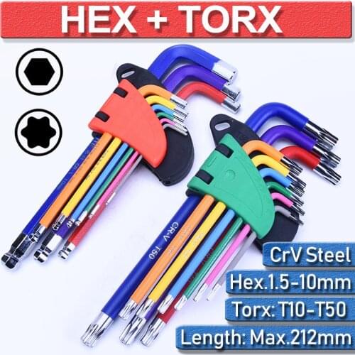 18pcs 1.5-10mm Color Coded Ball-End Allen Key Set Torque Long Metric Hex Wrench Screwdriver Set Torx Hex Key L Type Hand Tools