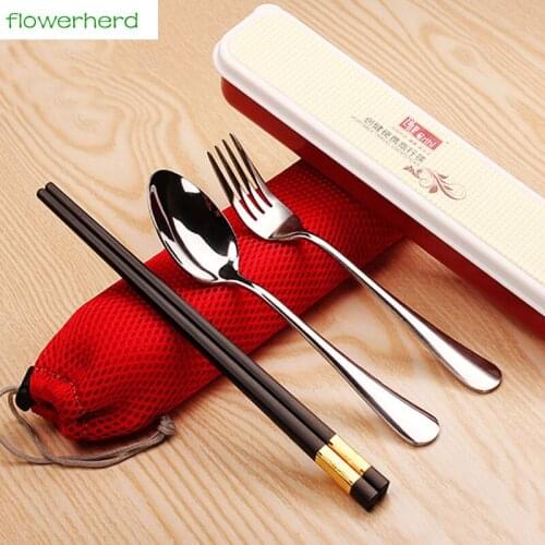 3Pcs/Lot Portable Stainless Steel Tableware Dinner Set Black Gold Scoop Fork Metal Cutlery Dinnerware Set