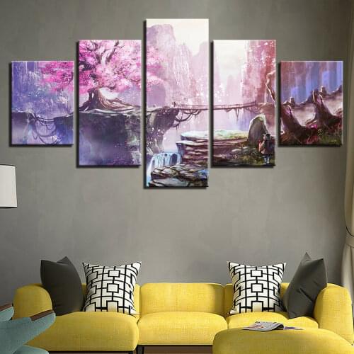 Pink Cherry Blossom Anime 5 Pcs Canvas Picture Print Wall Art Canvas Painting Wall Decor for Living Room Poster No Framed