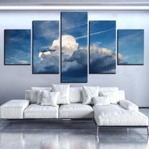 5 Pieces Blue Sky Canvas Painting White Clouds Wallpapers Wall Art Stickers Landscape Posters Nature Picture For Home Room Decor