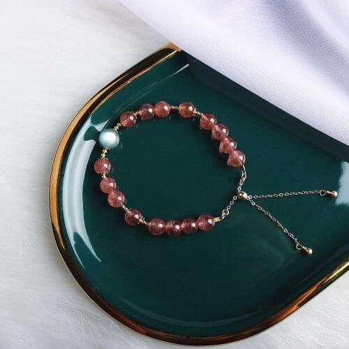 Natural Strawberry Quartz Beads Bracelet Women 14K Gold Filled Chain Moonstone Adjustable Bracelet Elegant Gift Lucky Charm