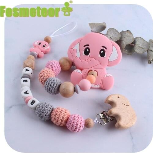 Fosmeteor Food Grade Silicone Big Pendant Beech Wooden Elephant Baby Teething Bracelet Wooden Toys 5Colors Baby Gift