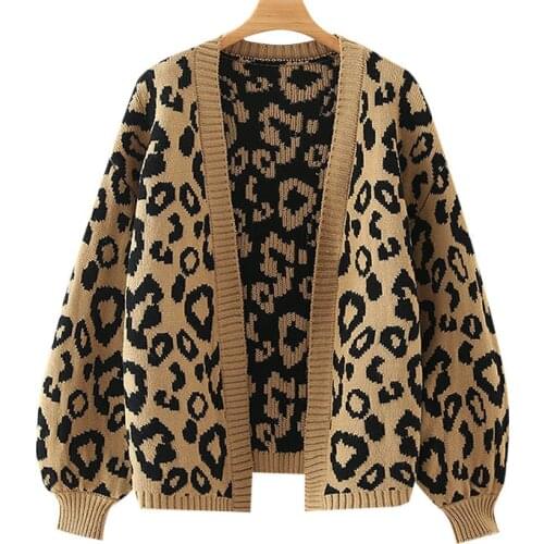 Fashion Leopard Printed Knitted Cardigan Sweater Women Vintage Lantern Sleeve Female Outerwear Winter Chic Tops