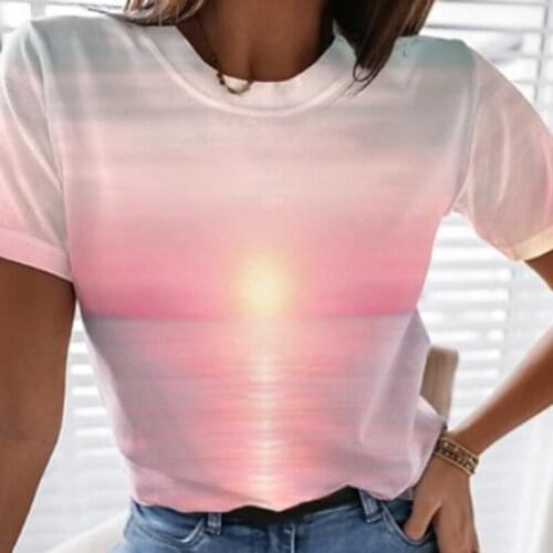 Creative Women T Shirt 2021 New Summer Tops Tees Ocean Landscape Print O-Neck Harajuku T-shirt Streetwear Female Vintage Tops