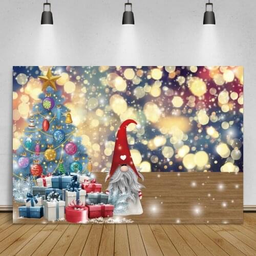 Laeacco Christmas Tree Santa Claus Pattern Photography Backdrop Gift Gold Light Bokeh Wooden Floor Child Photocall Background
