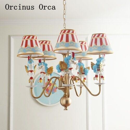 Cartoon Creative Unicorn Chandelier Boys and Girls Bedroom Childrens Room Lamp American Trojan Horse Colored Resin Chandelier
