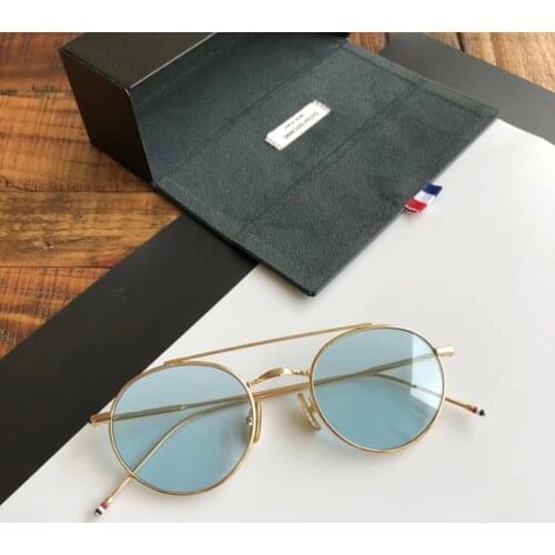 Thom Vintage Alloy Sunglasses TB101 Retro Round Metal Eyeglasses Titanium Frame for Male and Female Blue lens With Original Box