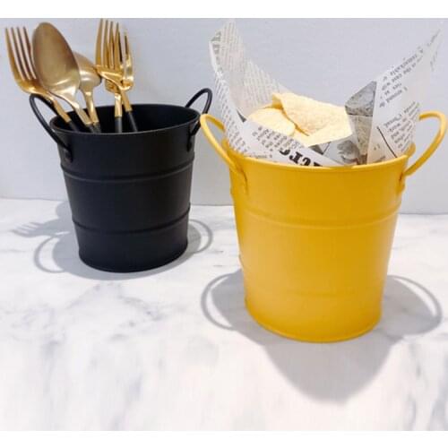 Simple iron double ear makeup brush bucket chopsticks knife and fork storage bucket pen holder home storage small bucket 600ml