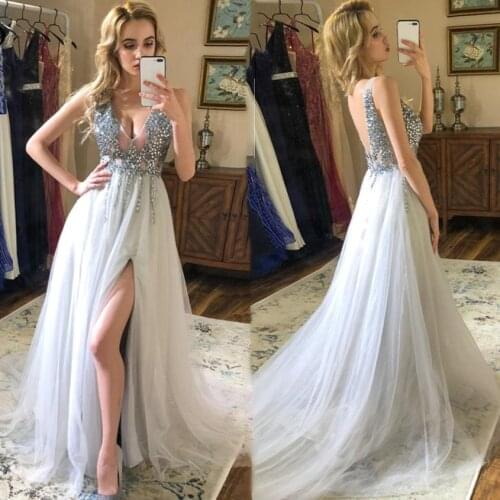 Crystal prom dresses 2021 side slit a line sliver beaded sparkly long evening dresses gowns