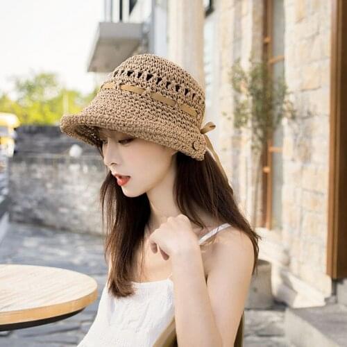 Japanese Style Lace Strings Adjust Straw Girls Beach Hat Summer Casual Handmade Knit Edge Sun Protects Bandage Visor Cap