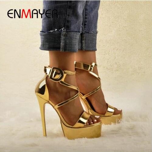 ENMAYER Sexy Womens Shoes Patent Leather Party Gladiator Sandals Women Buckle Strap Super High Sandals Solid Stripper Shoes