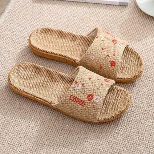 Womens New Fresh Linen Slippers Fashion Embroidered Plum Flower Hemp Slides Ladies Summer Home Massage Flip Flops Wholesale