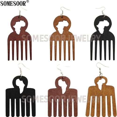 SOMESOOR Jewelry Laser Cutting African Comb Shape Map Natural Wooden Drop Cute Lovely Earrings For Black Women