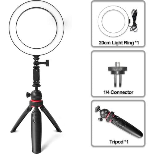 20cm/8" Desktop LED Ring Light Fill-in Lamp 3200K-5600K Dimmable USB Powered with Mini Tripod Stand Remote Shutter for YouTube