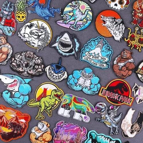 Jurassic Park Rock Sharks Iron On Patches For Clothing Thermoadhesive Patch PUNK Dinosaur Dargon Fusible Patch Animals Stickers