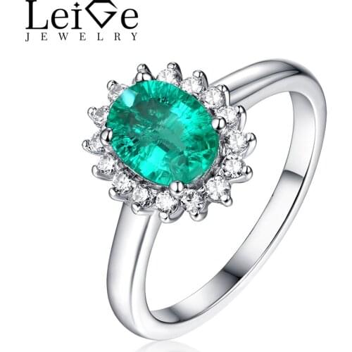 Leige Jewelry Halo Emerald Ring Oval Cut Prong Setting 925 Sterling Silver Wedding Anniversary Rings for Women Christmas Gift