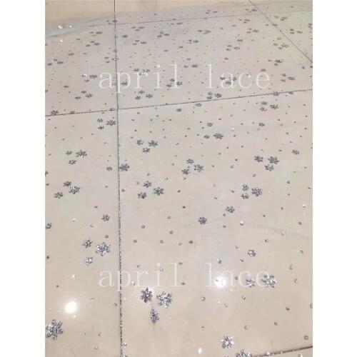 Stock 5yards luxury th08 # silver color flower hand print glitter mesh tulle lace fabric for occasion/ sawing wedding dress