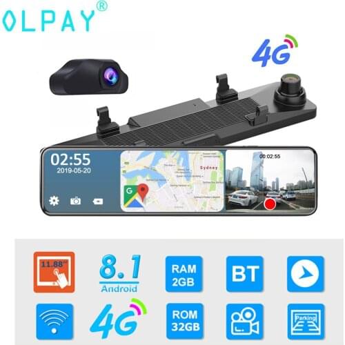 OLPAY 2GB+32GB Car DVR Camera Android 8.1 Stream RearView Mirror 12'' IPS 1080P Drive Video Auto Recorder Registrator Dash cam
