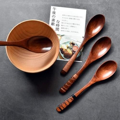 Vintage Style Spoon Wooden Non-slip Long Handled Spoon Soup-Teaspoon Kitchen Tableware Wood Rice Soup Dessert Spoon