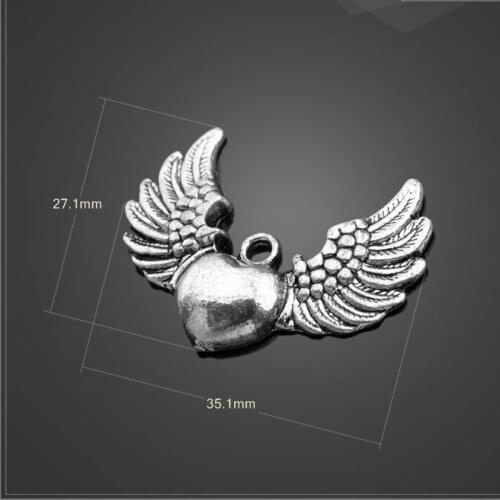 Factory price 3 PCS/Lot 35.1mm*27.1mm suspension metal Antique Silver Plated Wing Heart Charm For Jewelry Making