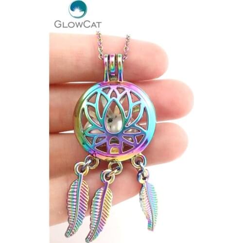 C731 Rainbow Color Beaty Dream Catcher Lotus Leaf Cage Pendant Aroma Essential Oil Diffuser Locket Necklace