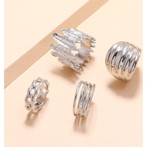 4 Pcs/ Set Big Chunky Midi Ring Set for Women Silver Color Feather Pattern Knuckle Rings Boho Jewelry Anillos