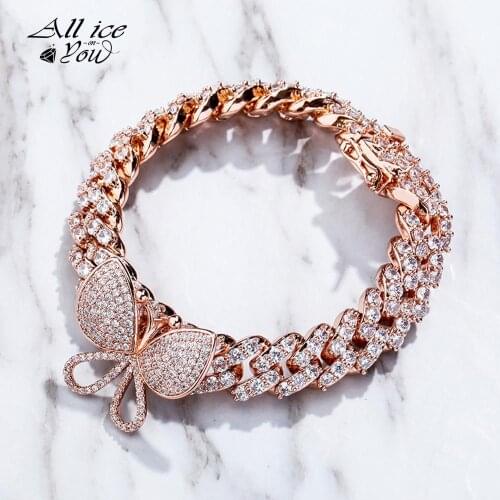ALLCIEONYOU 12mm Miami Cuban Butterfly Bracelet Iced Micro pave Cubic Zirconia Hip Hop Rock Fashion Jewelry For Women Gift