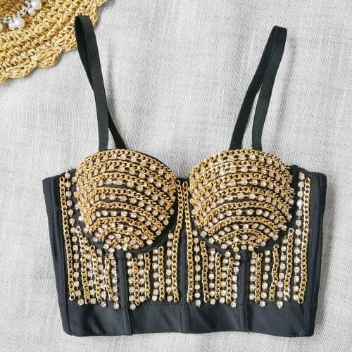 Diamond-Studded Gorgeous Bustier Bra Metal Chain Decoration Camisole Fishbone Tube Top Female Punk Night Club Party Tank Tops