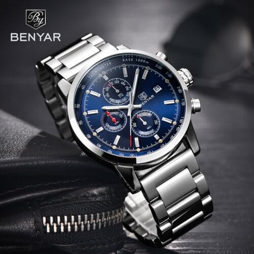 Mens Watches BENYAR Blue Fashion Sport Watches For Men Chronograph Stainless Steel Waterproof Military Watch Men Reloj Hombre