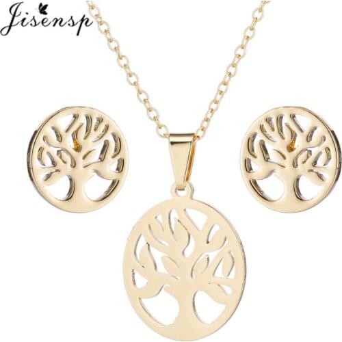 Jisensp Vintage Life Tree Stainless Steel Jewelry Sets for Women Round Ancient Tree Charm Necklace Earrings Fashion Jewelry Gift