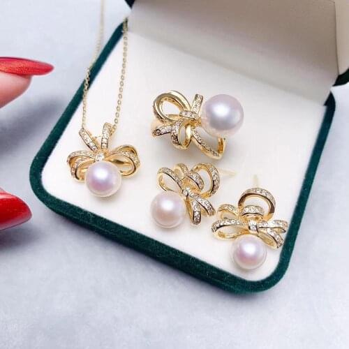 925 Sterling Silver Bowknot Pearl Pendant Ring Earrings Set Mountings Findings Beautiful Jewelry Set Parts Fittings Component
