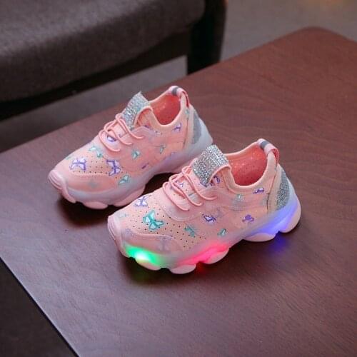 Kids Luminous Shoes Spring Autumn Fashion Childrens LED Sneakers For Girls Toddler Casual Diamond Princess butterfly Sneakers