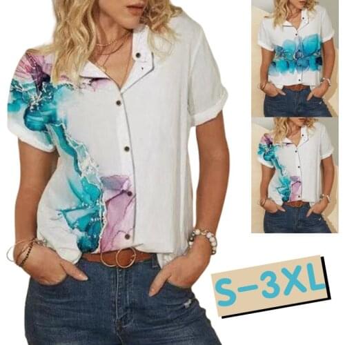 Kuelawear Womens Printed Stand Collar Shirt Womens Casual Tops Ladies Fashion Loose Short Sleeve Summer Cardigan Regular Sleeve