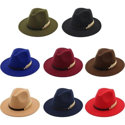 Metal Leaves Wool Wide Brim Felt Trilby Hat For Women Men Winter Autumn Wide Brim Jazz Church Godfather Caps