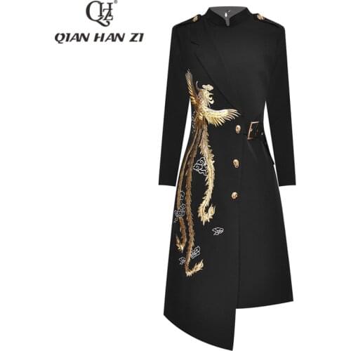 Qian Han Zi fashion runway women dress Long sleeves high quality gold thread embroidery phoenix buttons slim vintage dress