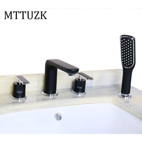 MTTUZK Deck mounted Bath Faucet Double Handle Brass Bathroom Black Faucet Hot Cold Water mixer Tap 4 hole Basin Fuacet 4PCS/set