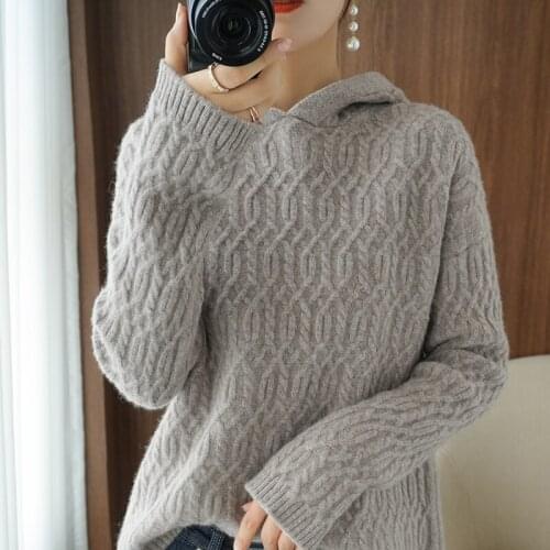 2020 New Ladies Hooded Sweater Twisted Casual Wool Knit Pullover Loose Large Size Long Sleeve Fashion Soft Base Shirt