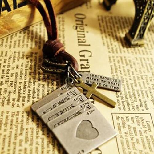 Retro men genuine leather rope necklace long Playing cards male leather cord necklace male pendant necklace male Jewelry k490