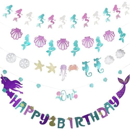 Mermaid Glitter Banner Happy Birthday Mermaid Tail Shell Banner Ocean Baby Girl 1st Birthday Baby Shower Decoration Supplies