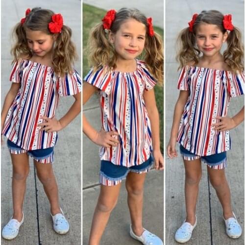 OPPERIAYA Baby Girls Short-sleeve Top Shorts Casual Set Fashion Independence Day Striped T-shirt and Stitching Denim Short Pants